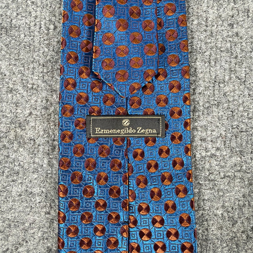 Ermenegildo Zegna Men Silk Tie Blue Copper Geometric Circles Made in Italy #4911